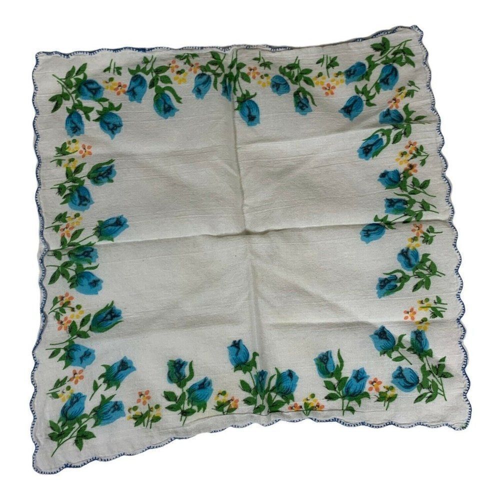 VTG Handkerchief White Blue Roses Floral Scalloped Edges Victorian 12” Square